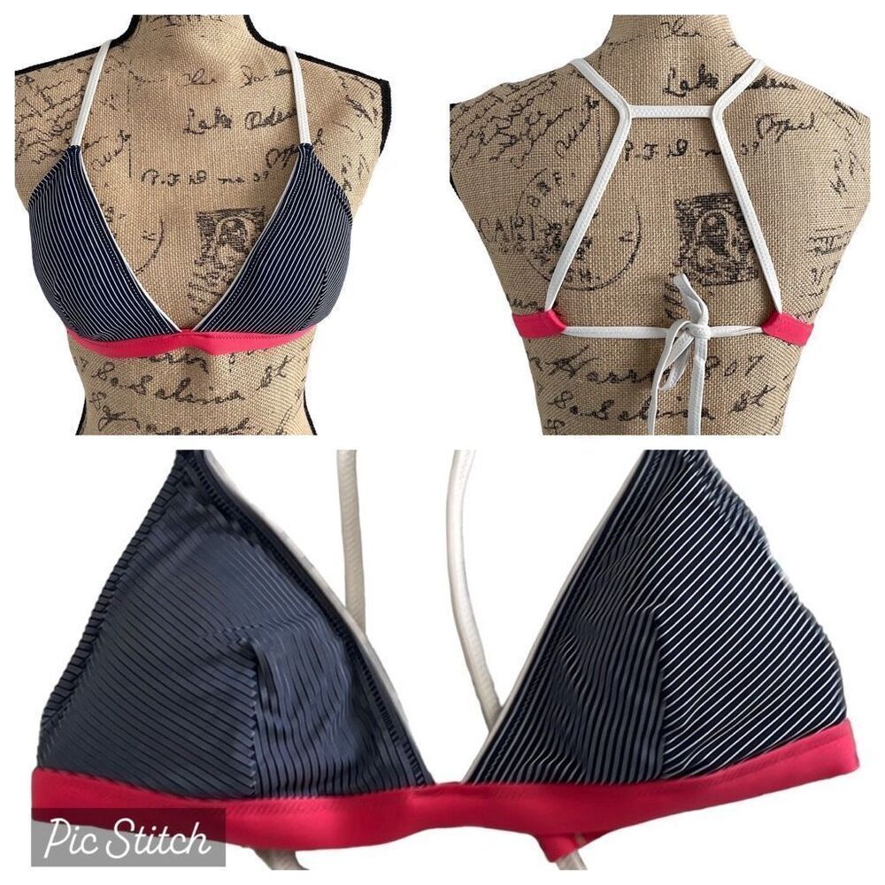 EUC Athleta Navy Blue White Pink Trim Triangle Bikini Top - Small